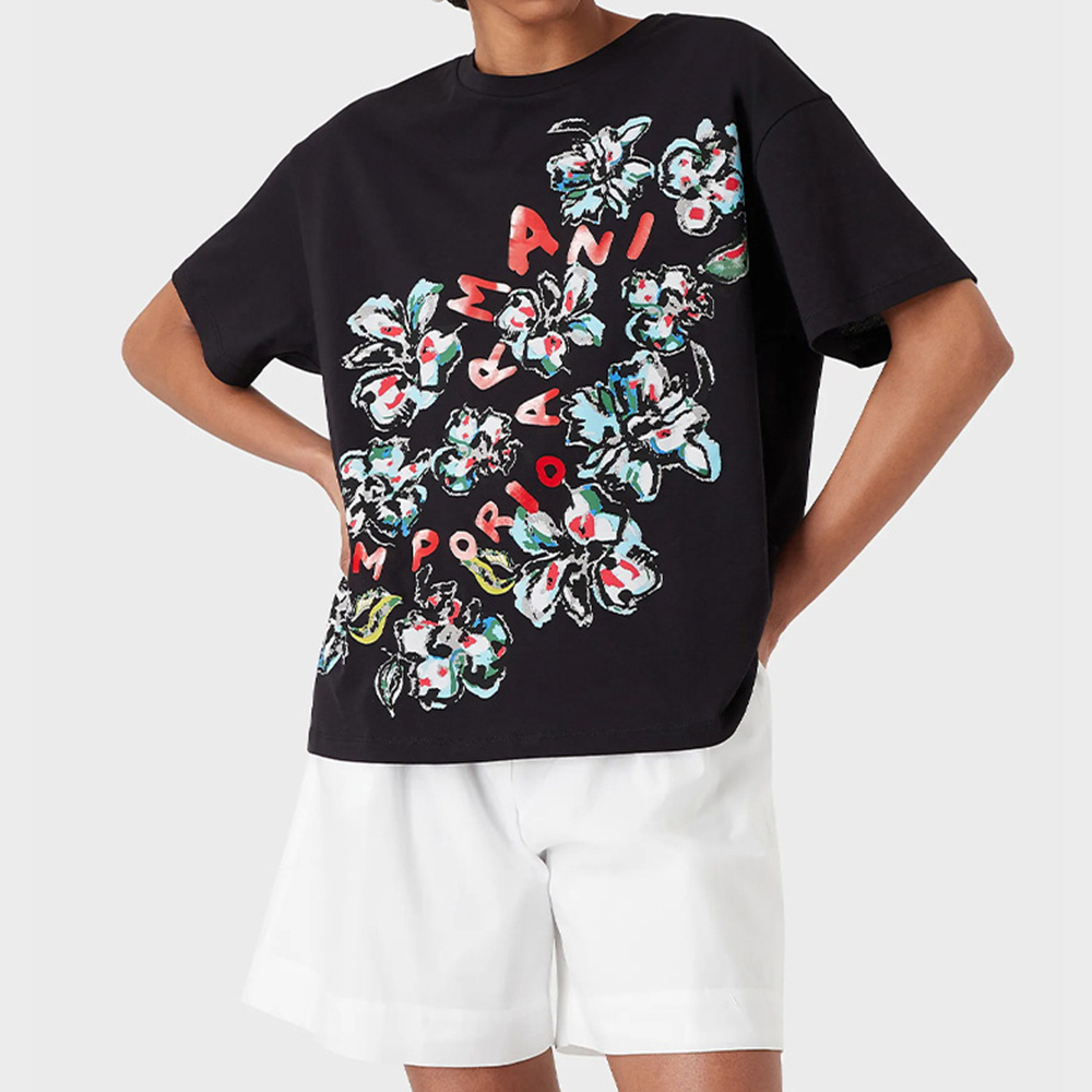 Emporio Armani Round-necked Flower T-shirt In Black