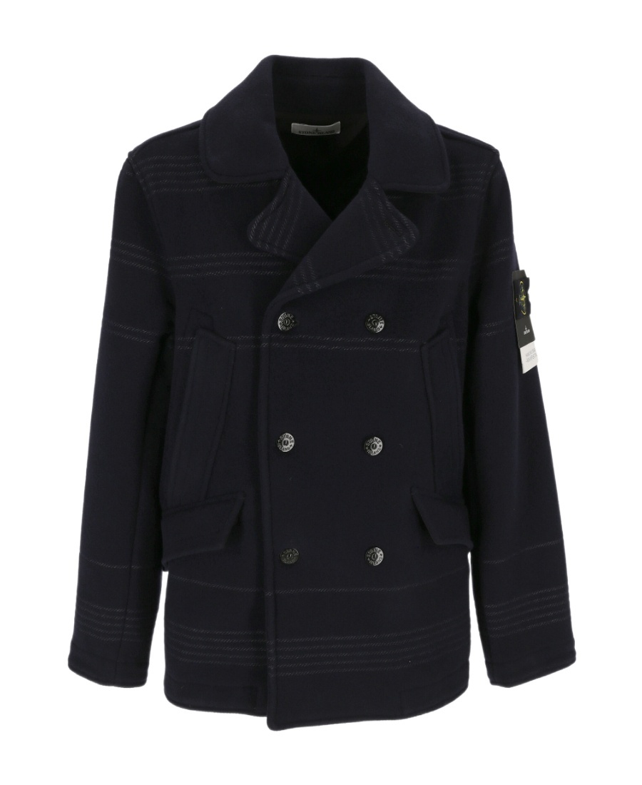 Stone Island Compass Badge Double-breasted Coat In Blue