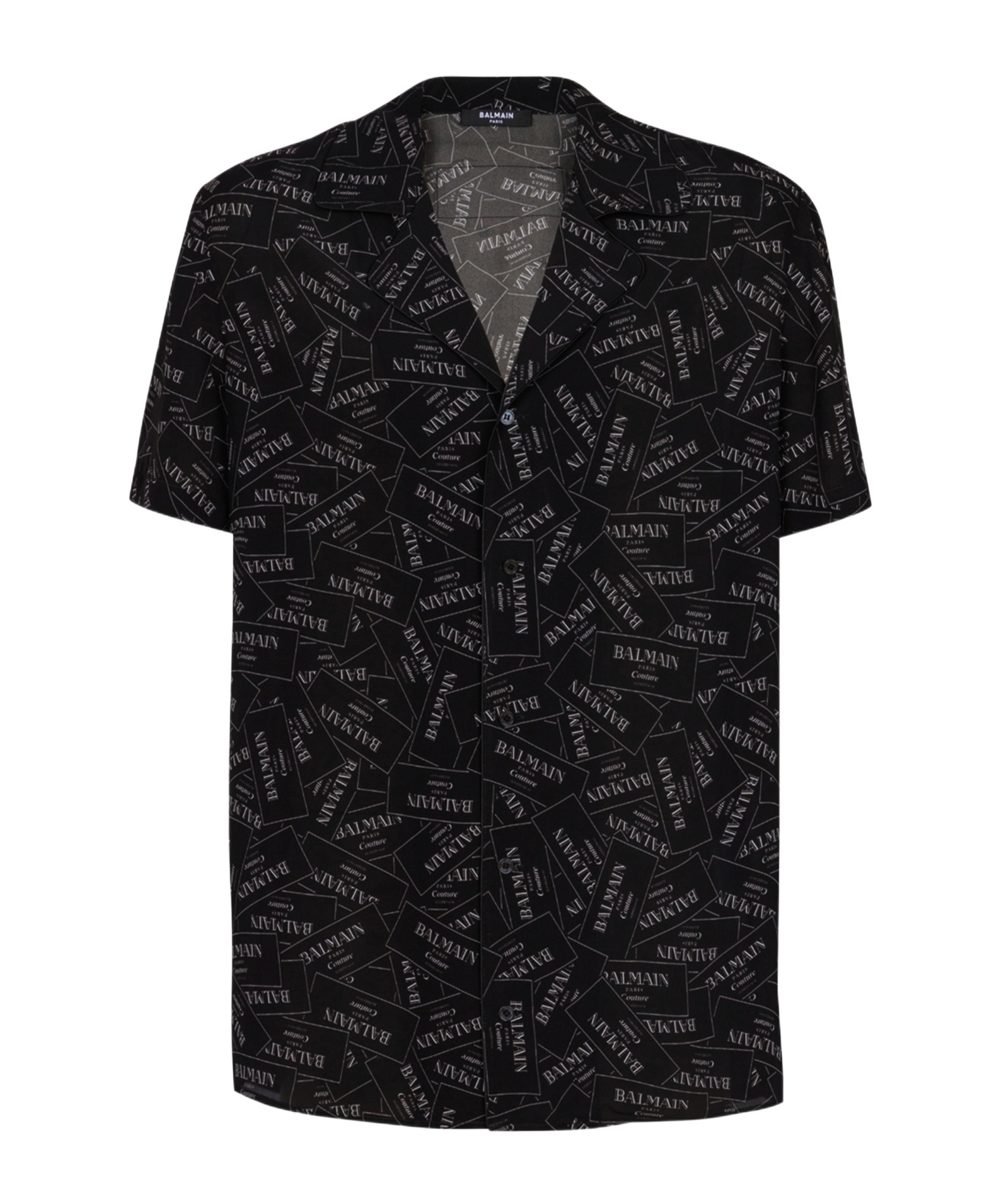 Balmain Black Shirt With Notched Collar And All-over Logo Print In Black