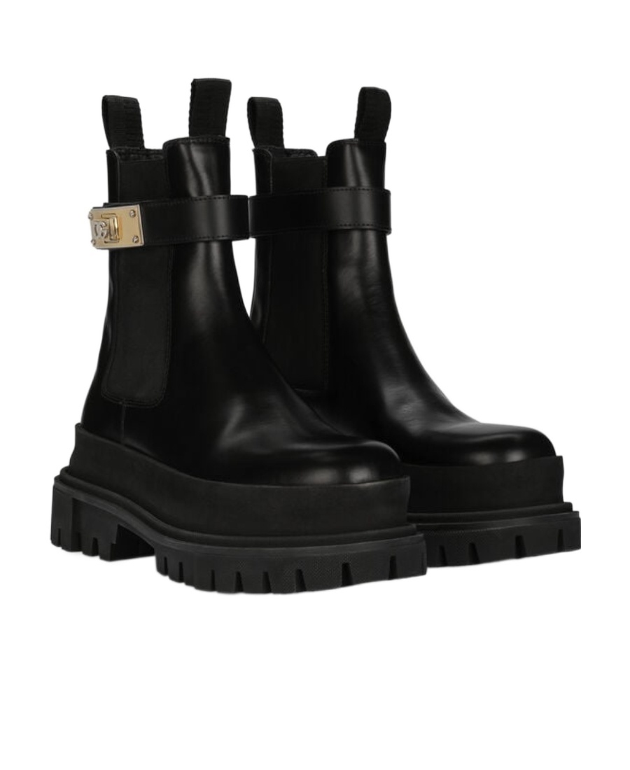Dolce & Gabbana Calfskin Ankle Boots With Branded Strap In Black