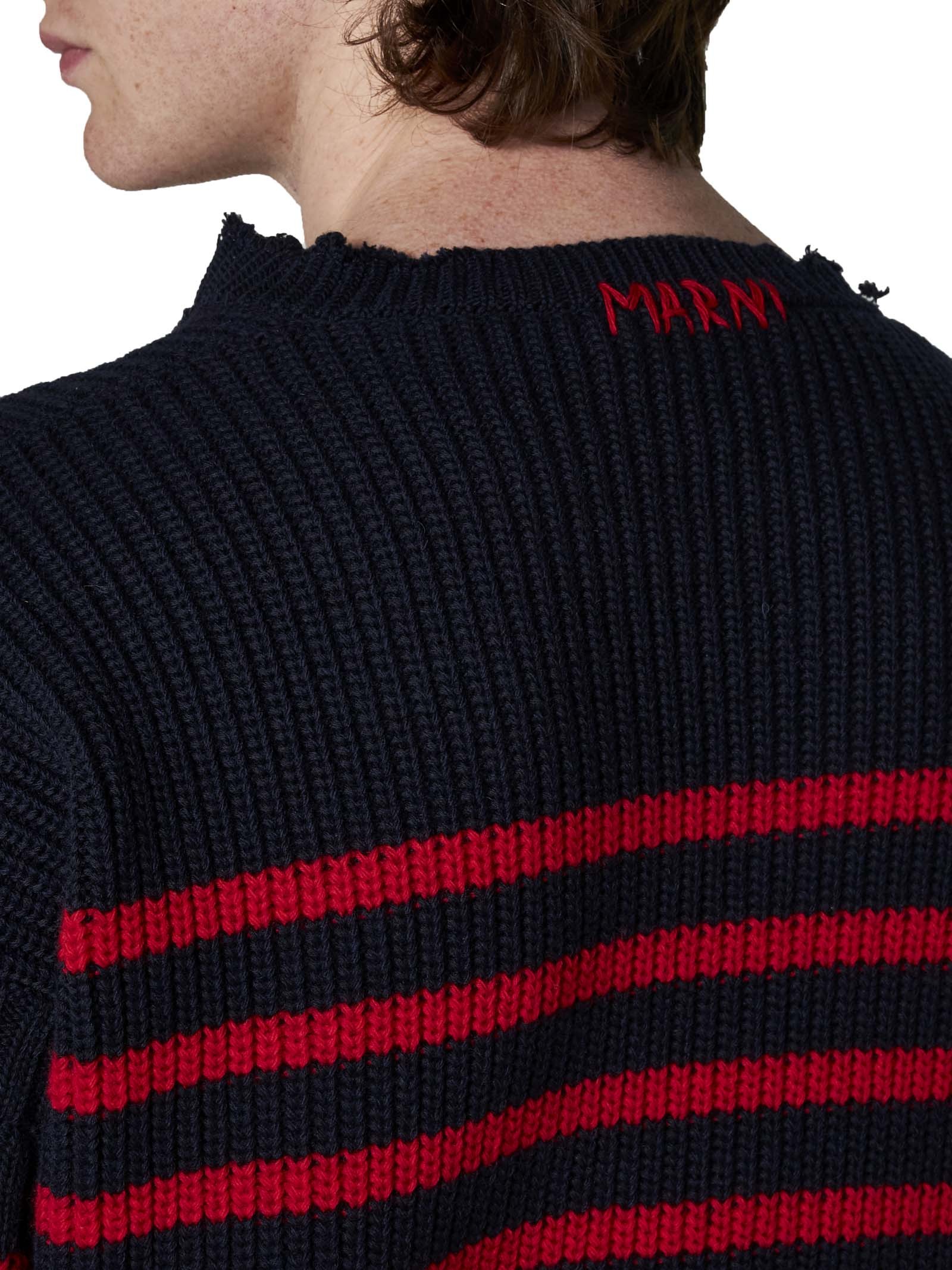 Marni Sailor Striped Distressed Crewneck Sweater In Black