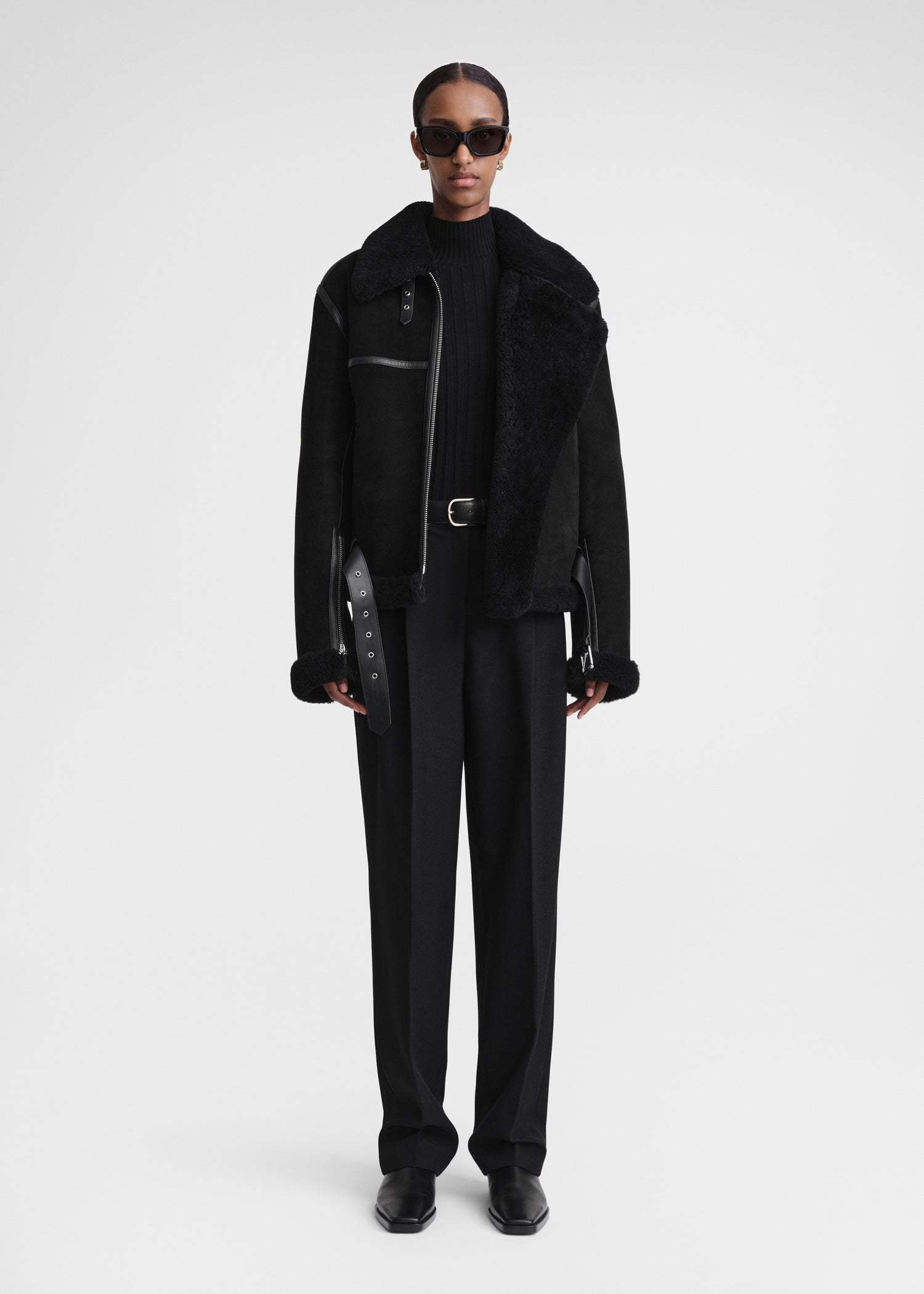 Totême Shearling-trim Zip-up Suede Jacket In Black