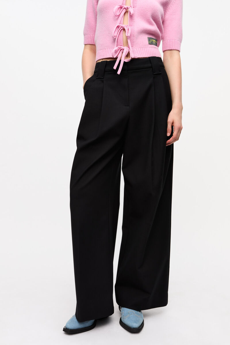 Ganni Black Heavy Cotton Tailoring Mid Waist Trousers In Black