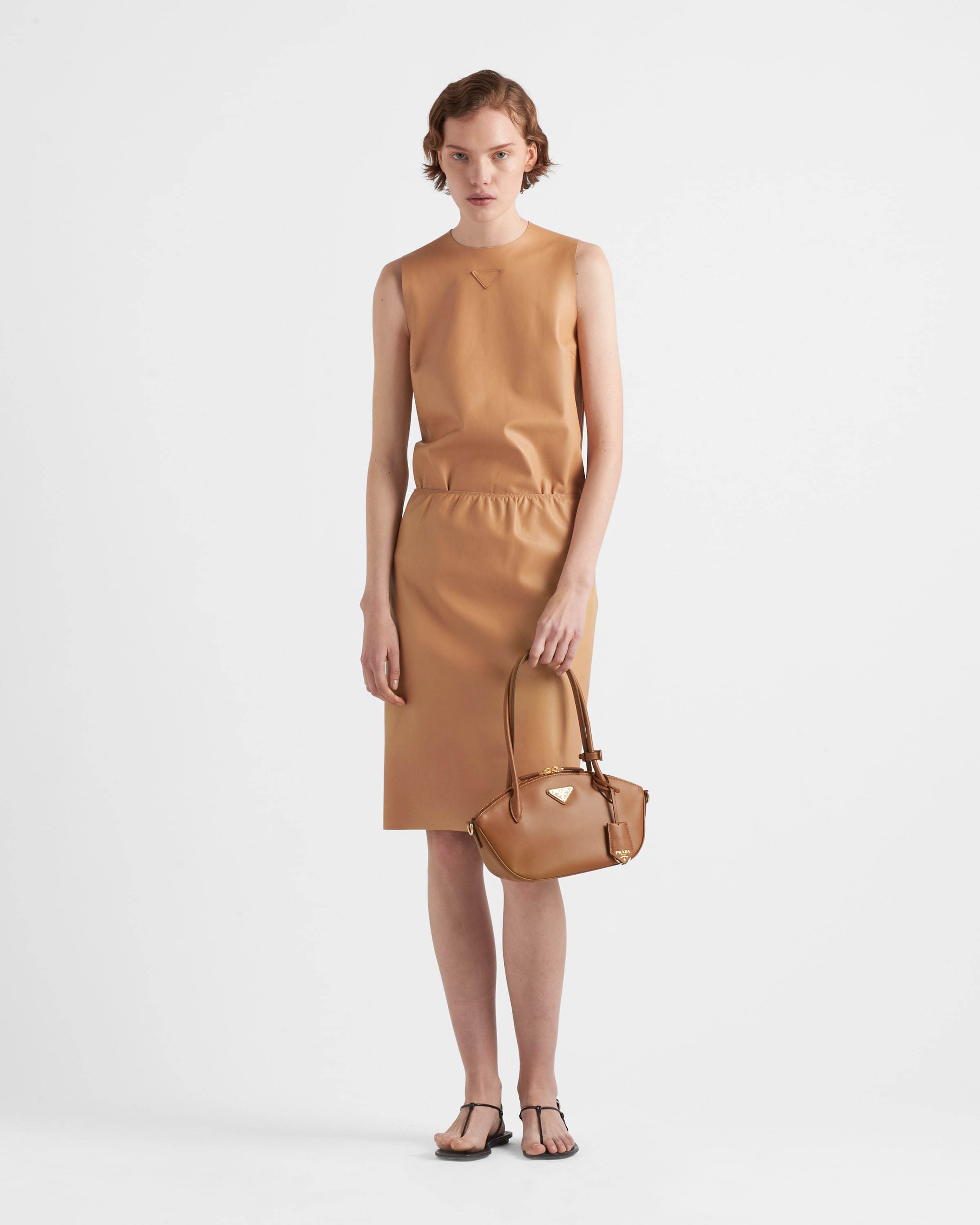 Prada Re-nylon And Leather Medium Top-handle Bag With Padlock In Brown