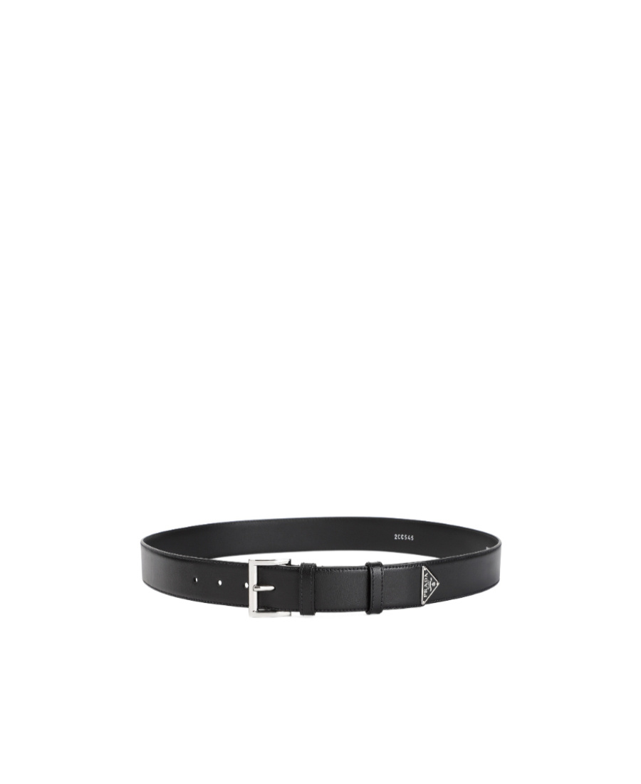 Prada Enamel-triangle-logo Leather Belt In Black