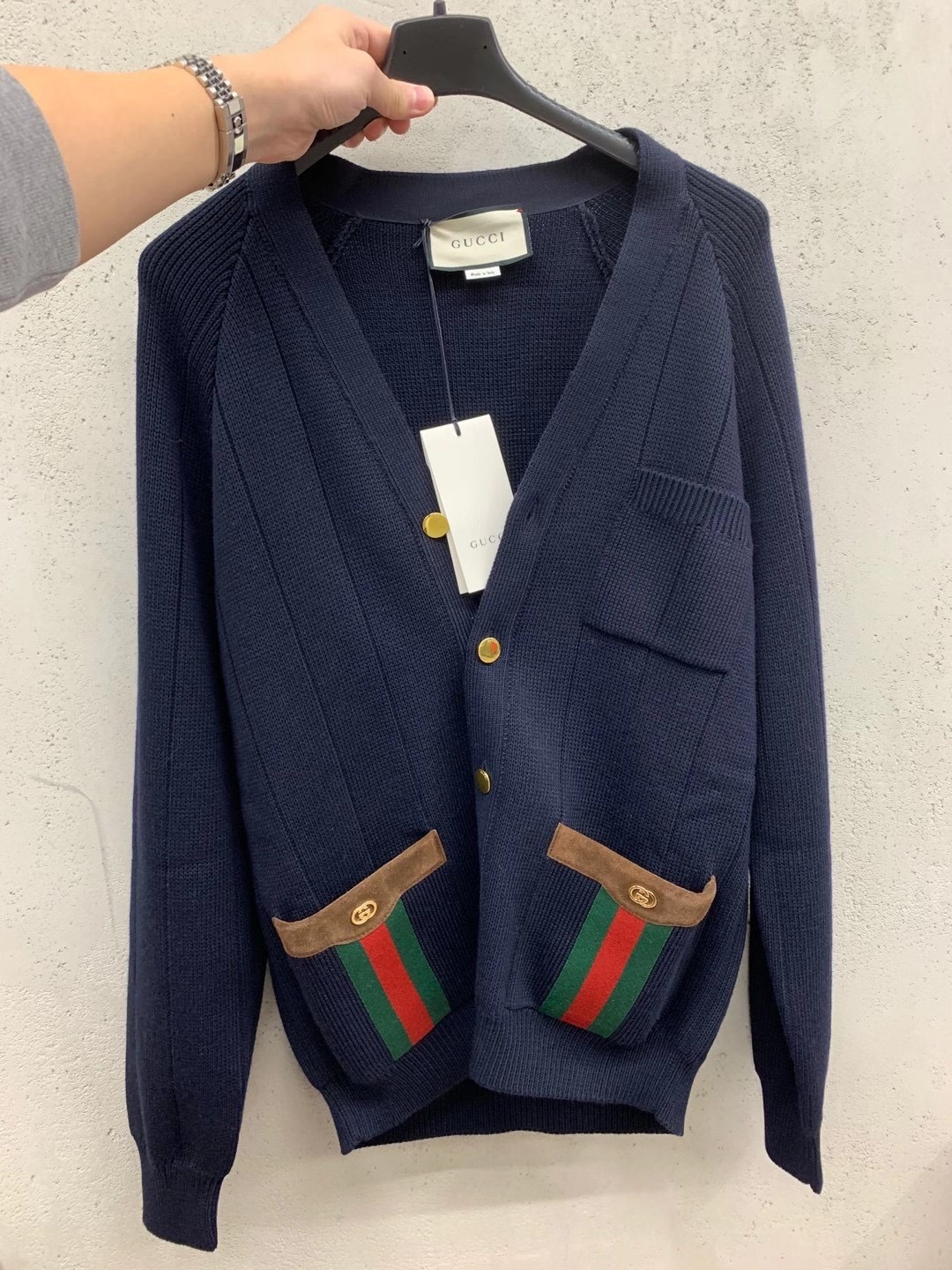 Gucci Ribbon Knitted Wool-blend Cardigan For Men Black In Blue