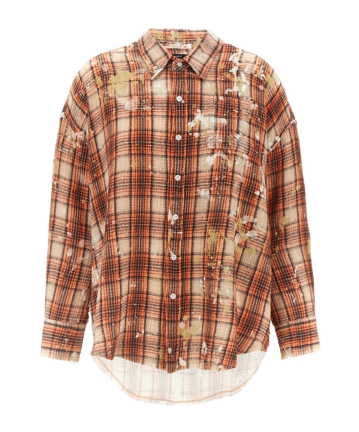 R13 Shredded-seam Drop-neck Shirt In Orangeplaidwithpaintsplatter-multicolor