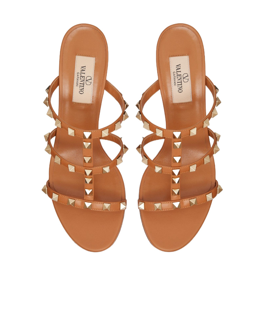 Valentino Rockstud Slide Sandal In Calfskin With Cabochon Stones 60mm In Brown