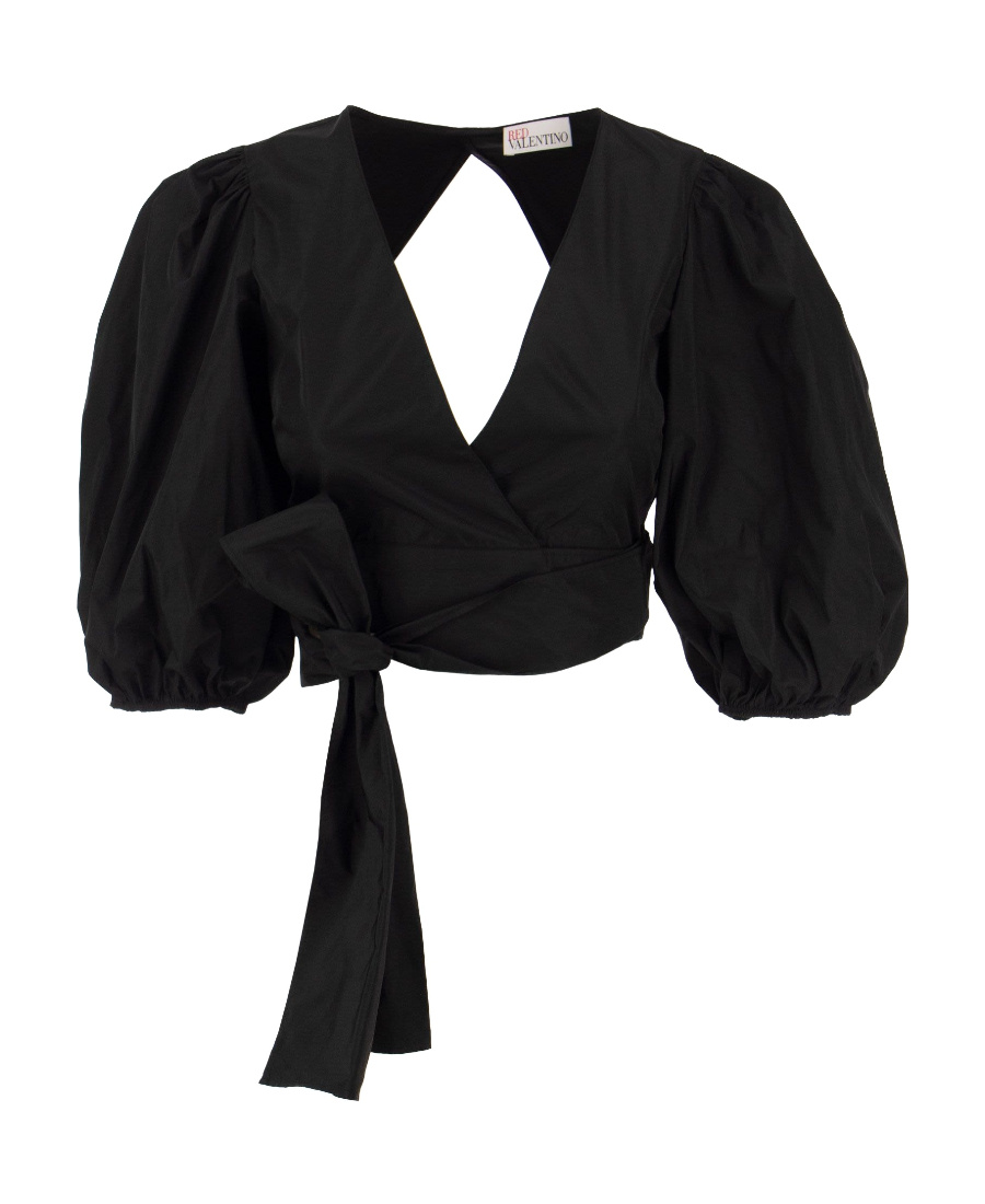Red Valentino Black Crop Blouse With Bow And Triangle Cut-out Detail In Taffeta Woman In Black