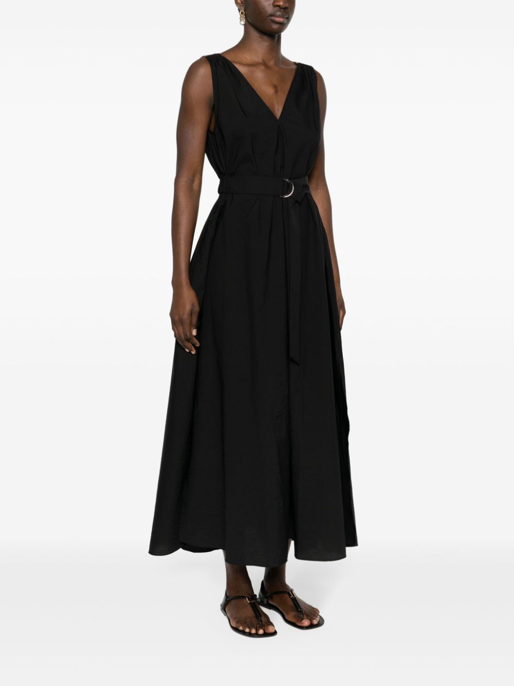 Brunello Cucinelli Women Techno Cotton Poplin Dress With Belt And Precious Shoulder Detail In Black