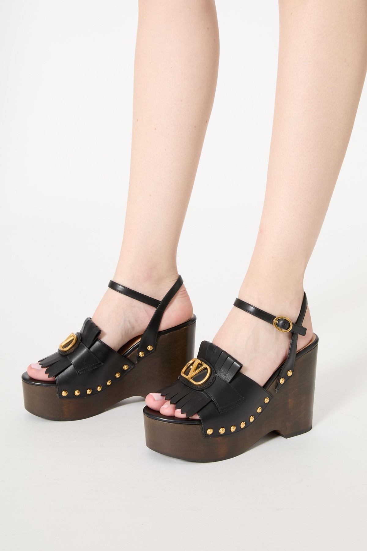 Valentino Vlogo Signature Calfskin Clog Sandal With Fringes 120mm In Black