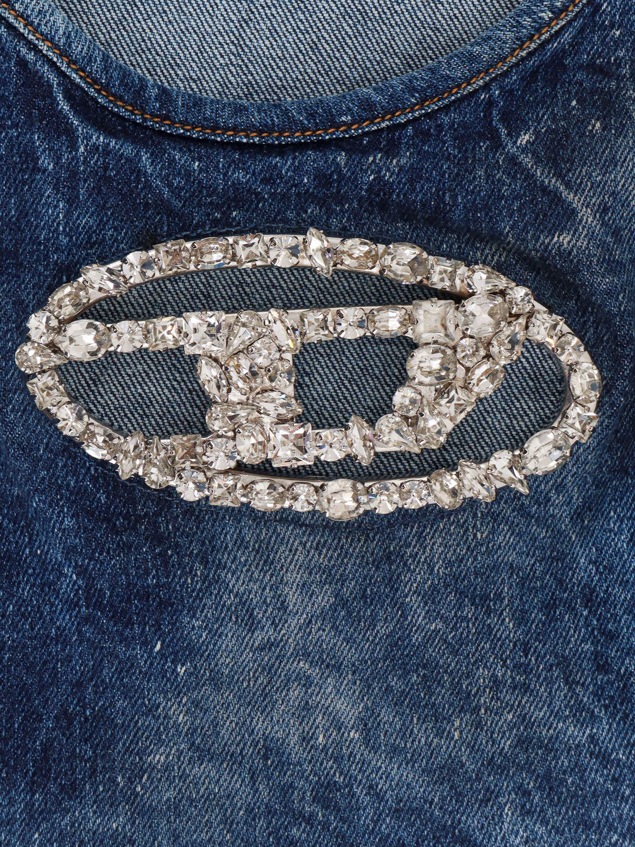 Diesel Denim Crop Top With Jewel Buckle In Blue