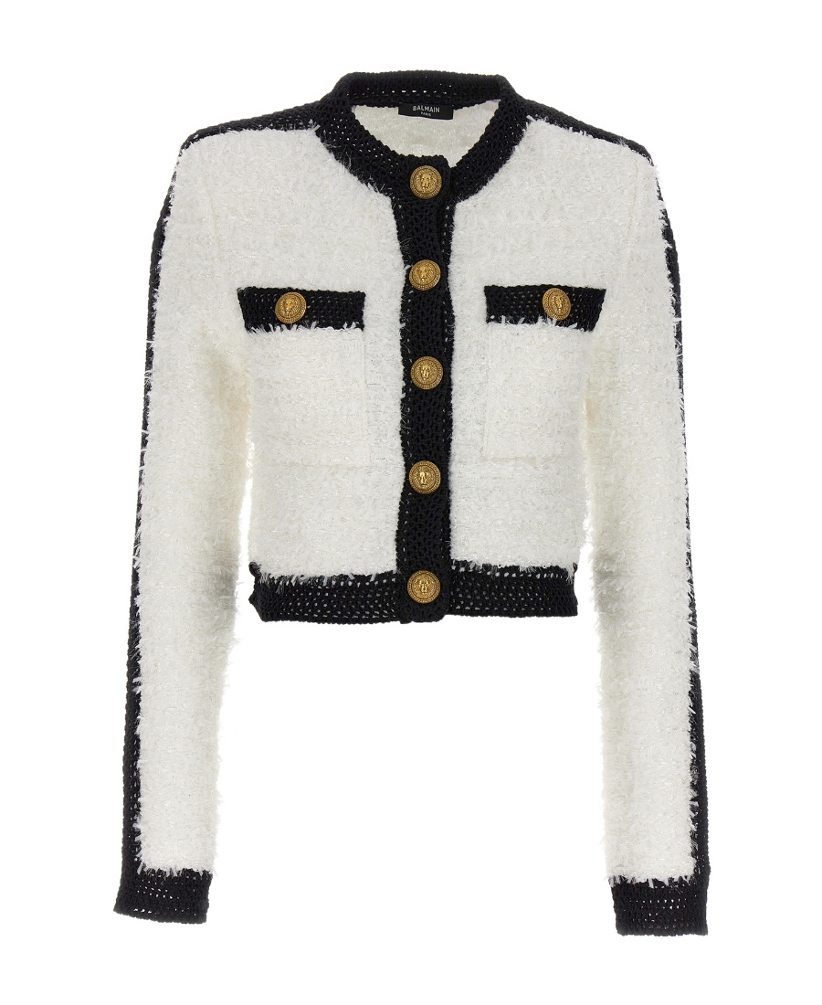 Balmain Colorblocked Tweed Knit Jacket In White