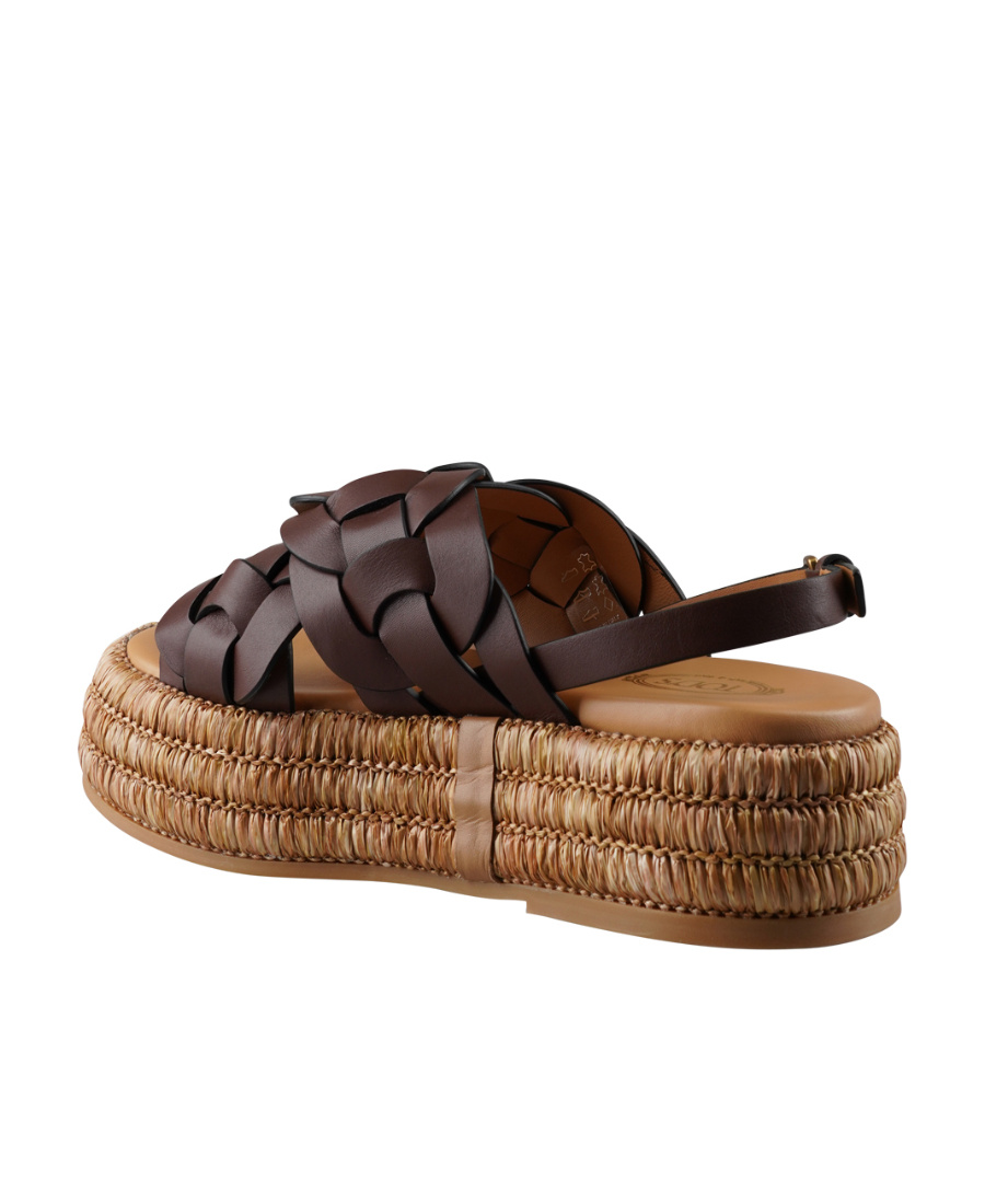 Tod's Brown Braided Leather Sandal With Raffia Bottom In Brown