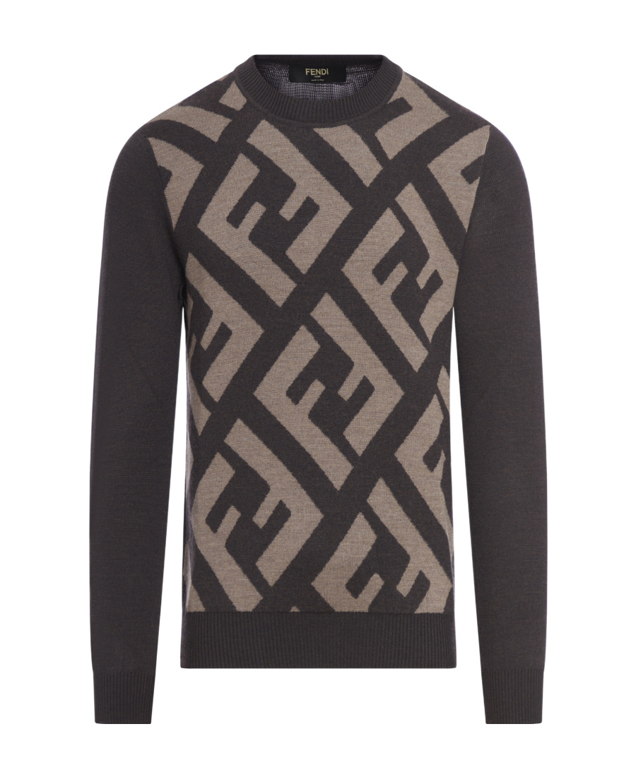 Fendi Monogram-jacquard Crew-neck Wool Jumper In Brown