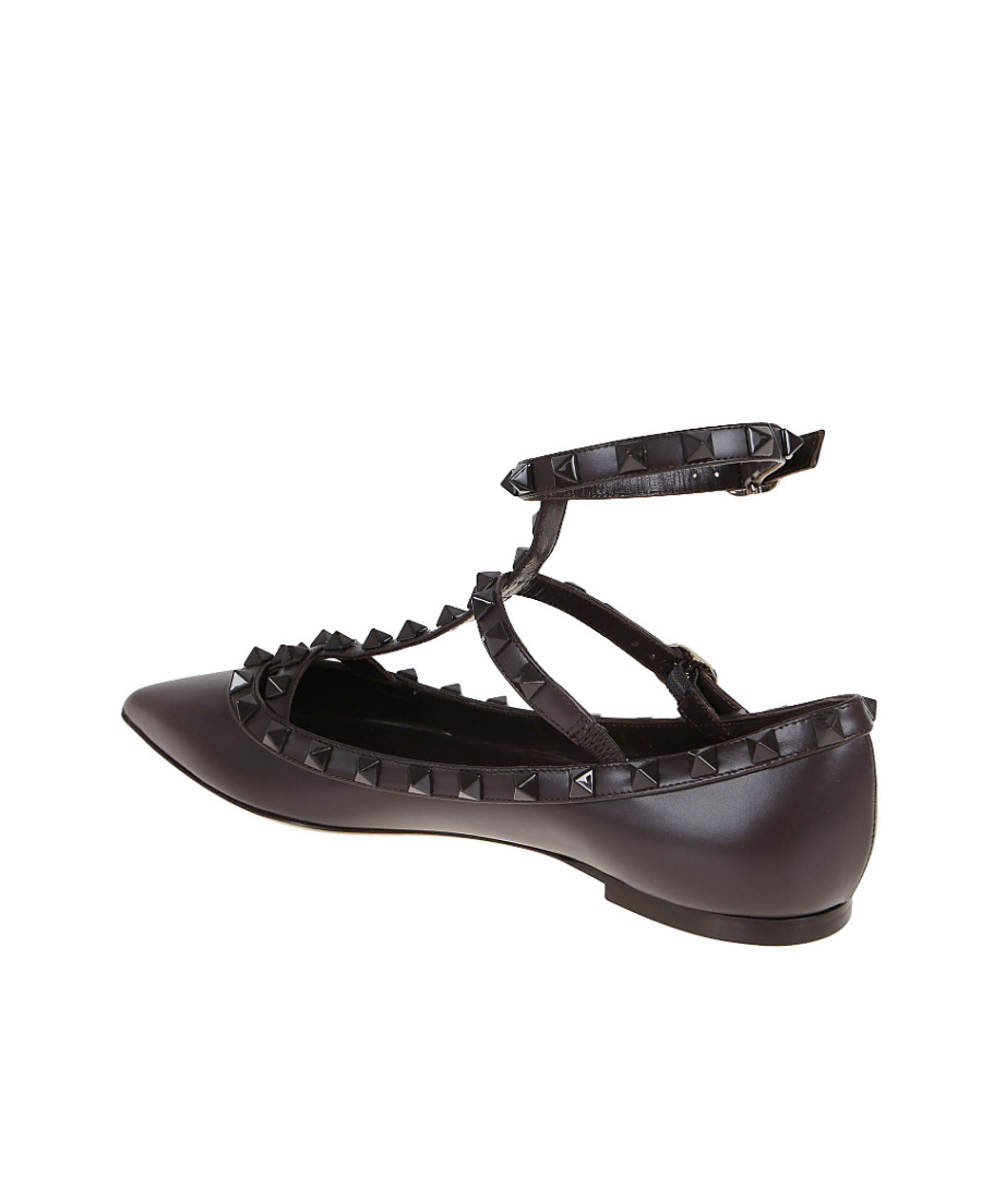 Valentino Rockstud Leather Ballerina Shoes In Brown