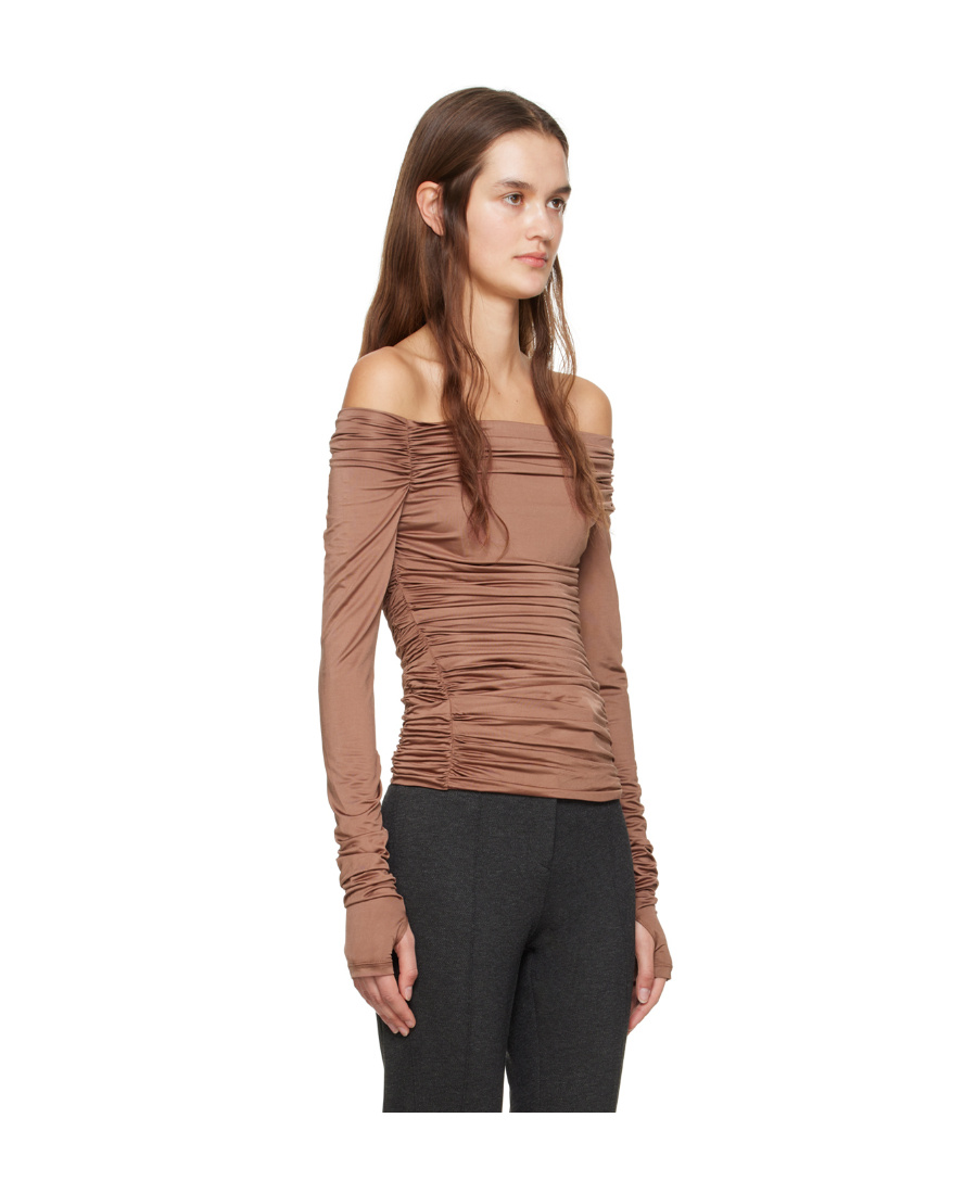 Helmut Lang Brown Ruched Long Sleeve T-shirt In Brown