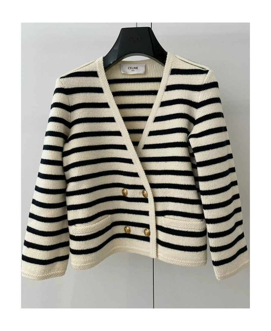 Celine Striped Knitted Cardigan In White