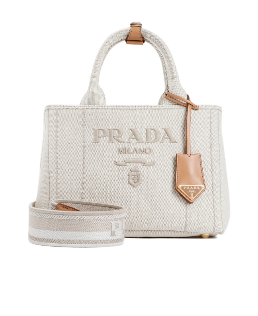 Prada Small Logo Embroidered Canvas Tote Bag In Neutral