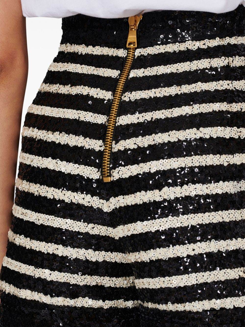 Balmain Black And White Striped Shorts With Jewel Buttons In All-over Sequins Fabric Woman In Black
