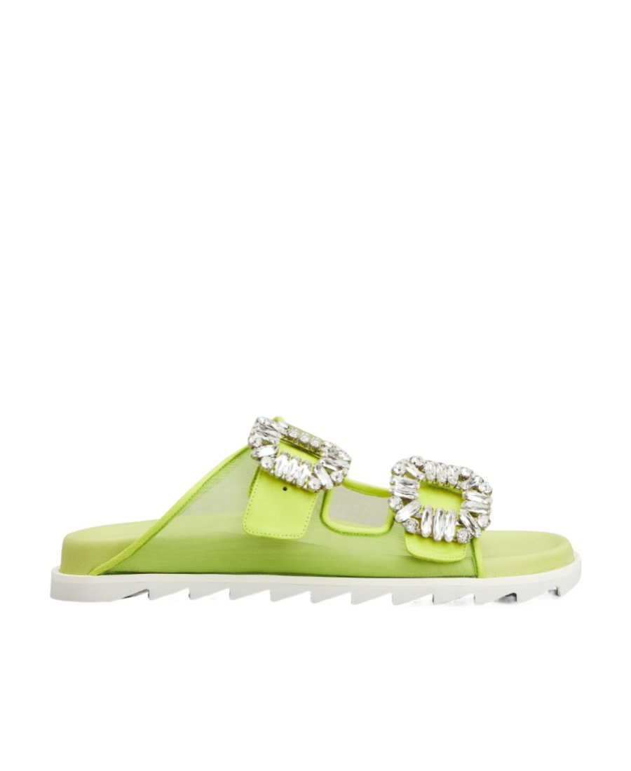 Roger Vivier Crystal-embellished Double-buckle Slides In Green