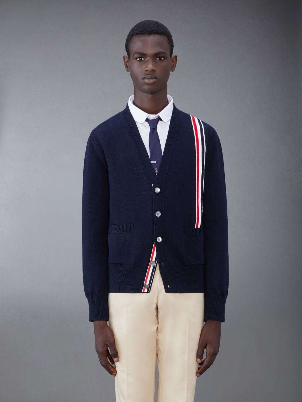 Thom Browne Rwb Stripe Intarsia Cotton Cardigan In Blue