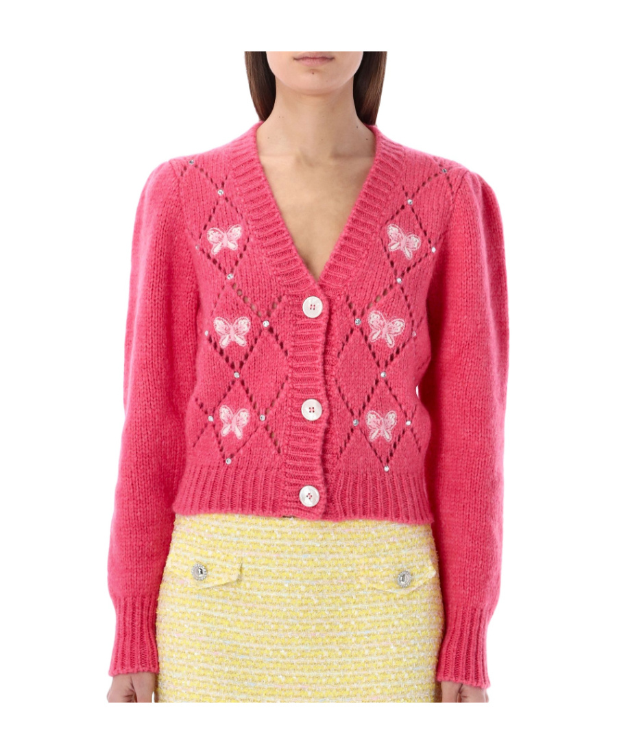 Alessandra Rich Embellished Knit Cropped Cardigan In Red