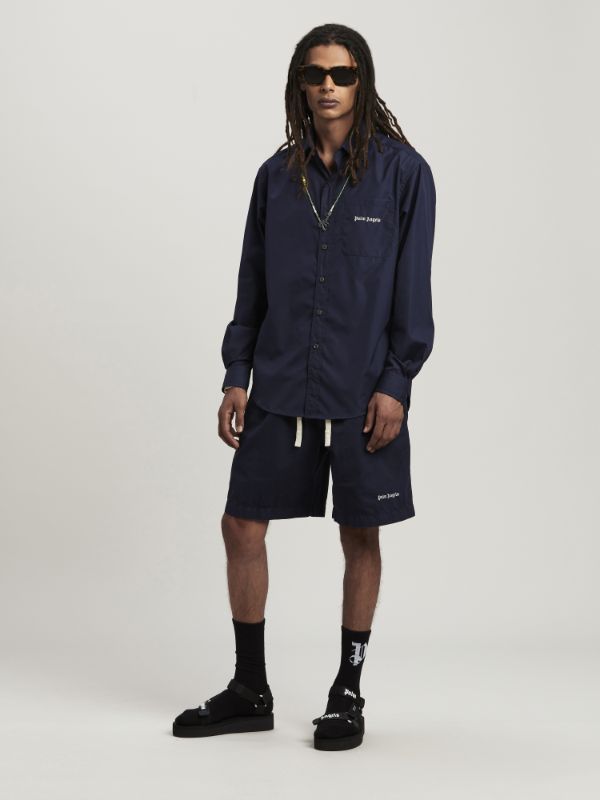 Palm Angels Logo Embroidered Long-sleeved Shirt In Black