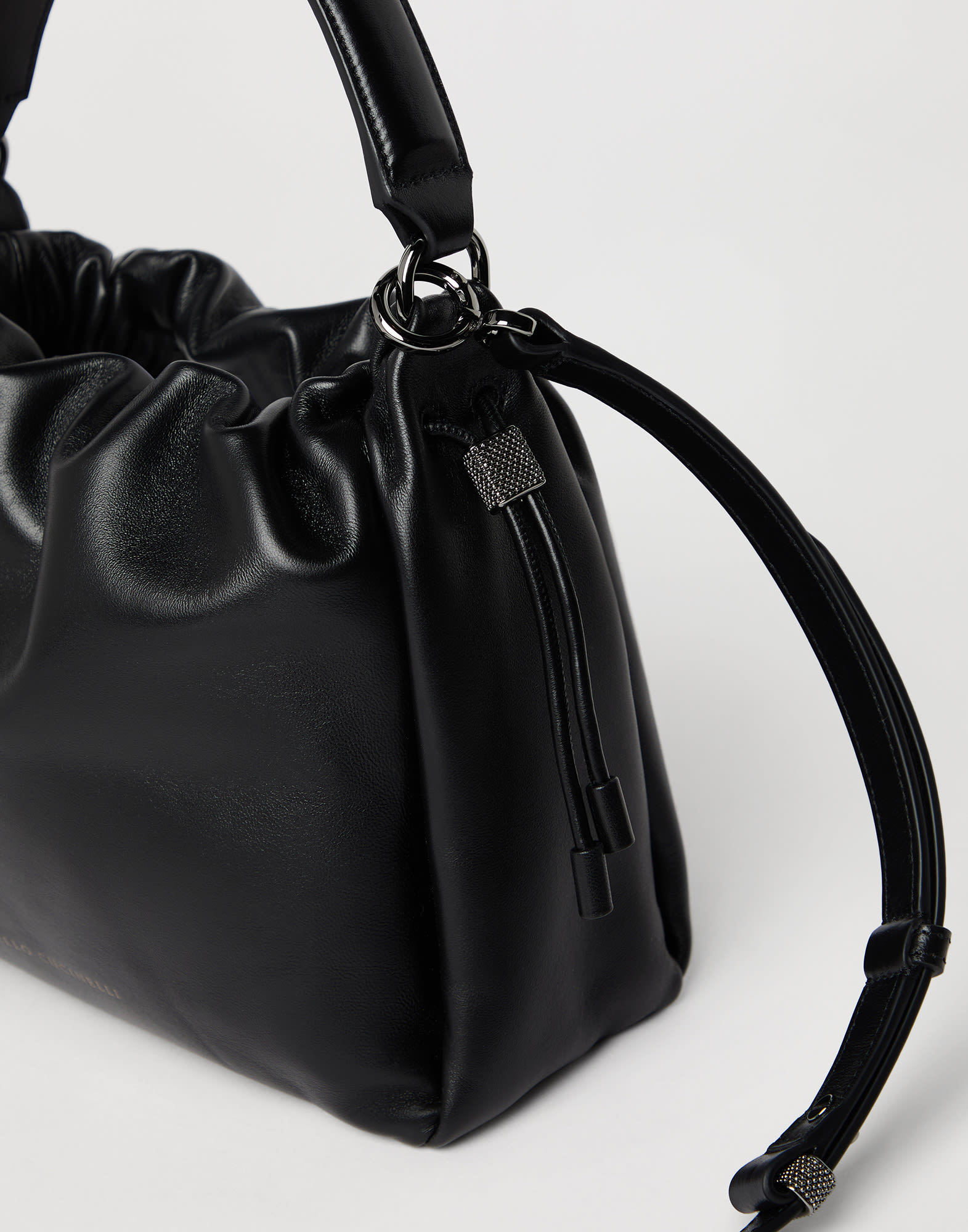 Brunello Cucinelli Small Mellow Leather Cross Bucket Bag In Black
