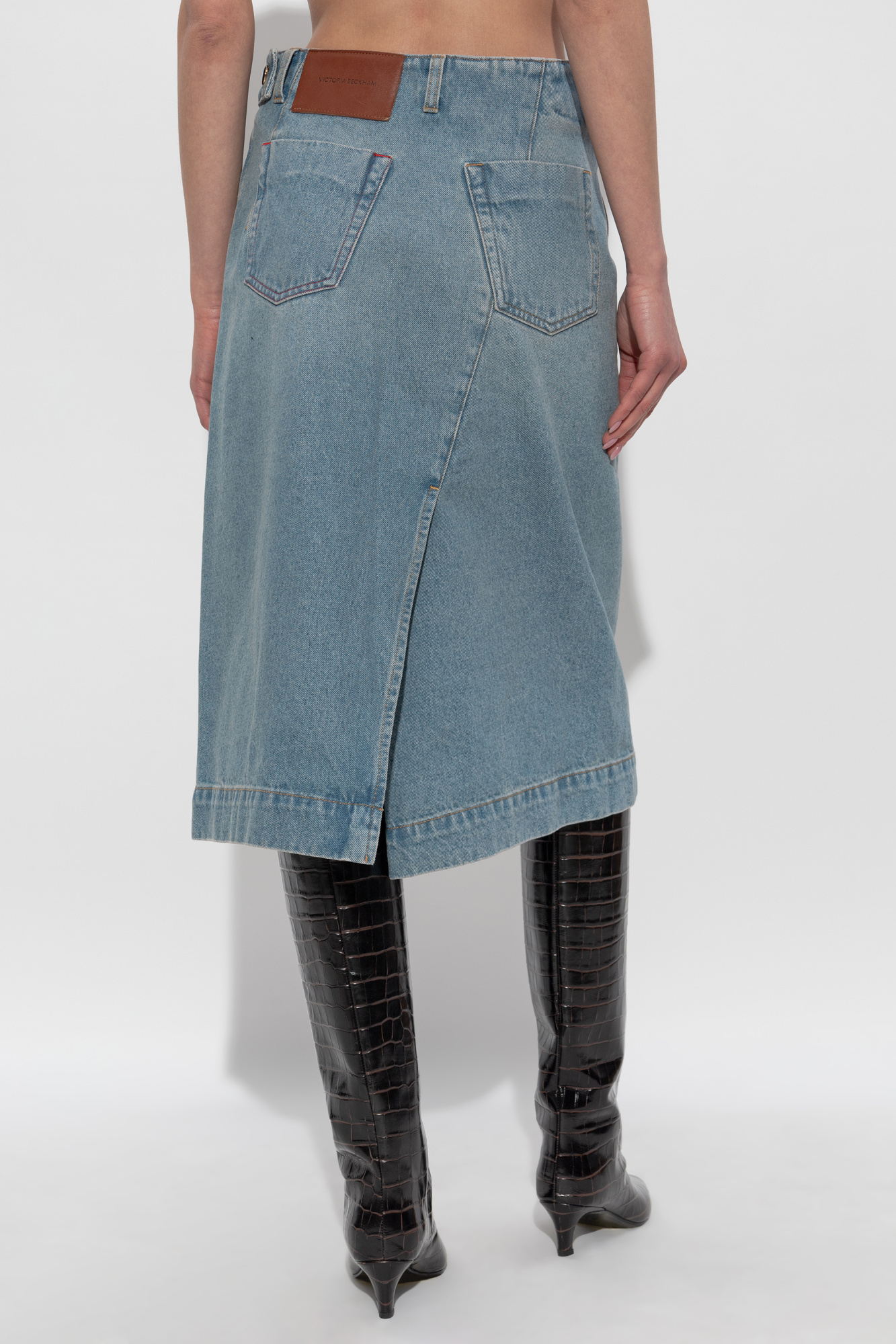 Victoria Beckham Blue Wrap Detail Denim Midi Skirt In Gray