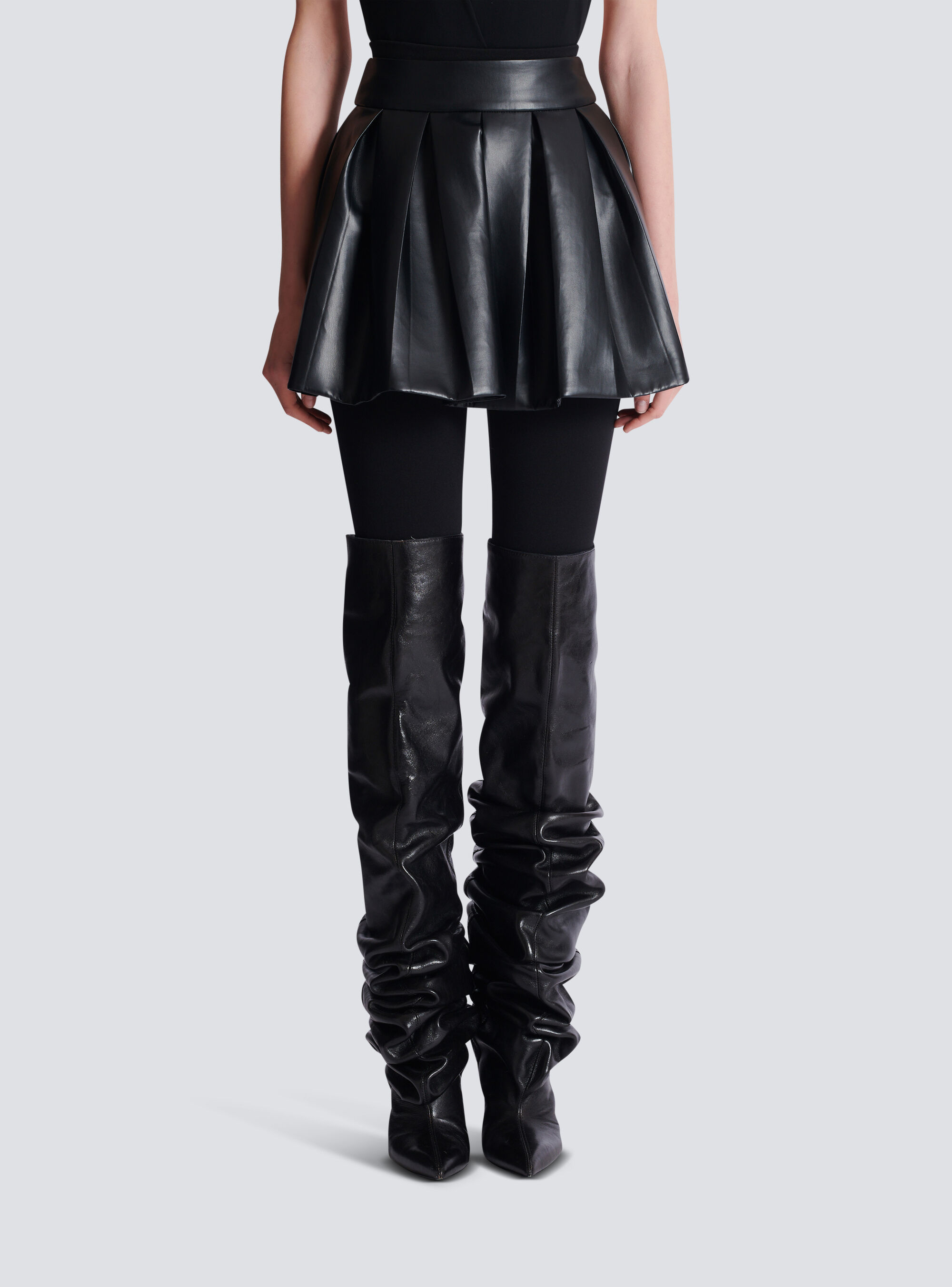 Balmain Short Pleated Faux Leather Skirt In Black