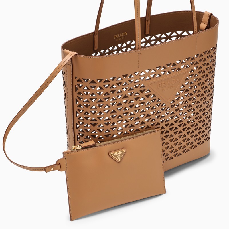 Prada Large Brown Perforated Leather Shopping Bag In Nude