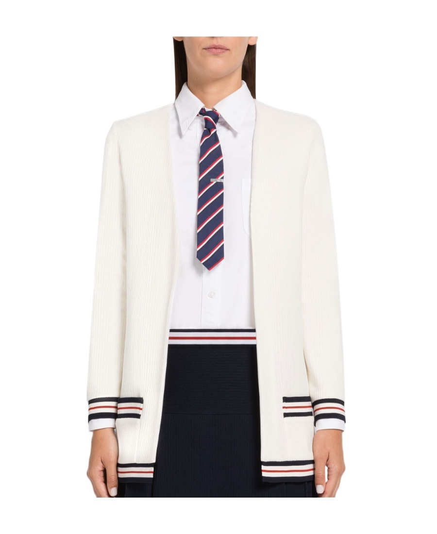 Thom Browne Rwb Stripe Ribbed Cardigan In White