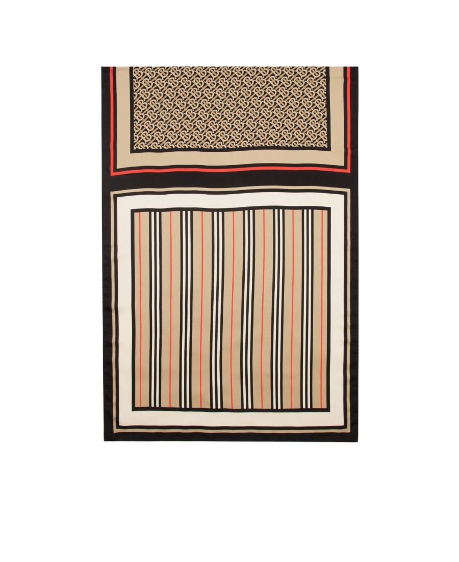 Burberry Monogram, Icon Stripe And Check Print Silk Scarf In Brown