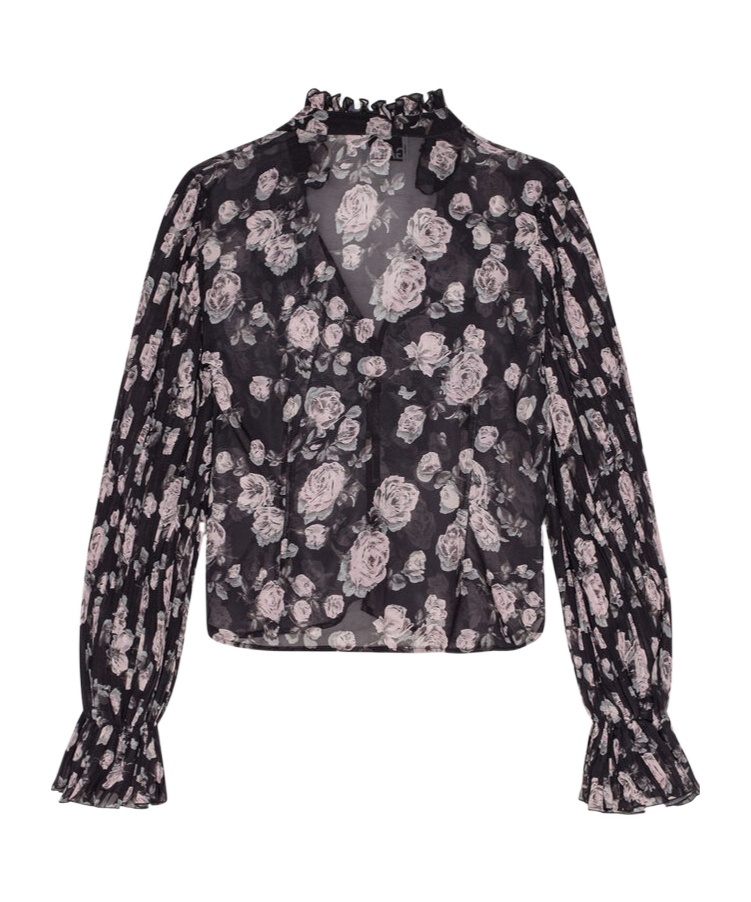 Ganni Floral Print Pleated Blouse In Black