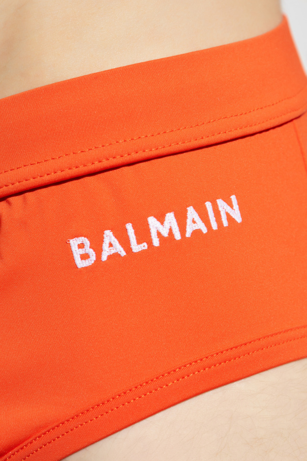 Balmain Logo Print Swim Briefs In Orange