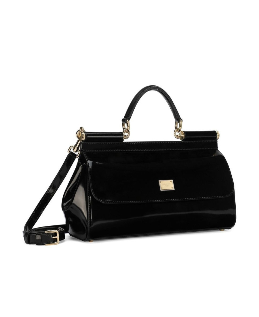 Dolce & Gabbana Elongated Sicily Patent Leather Top-handle Bag In Black