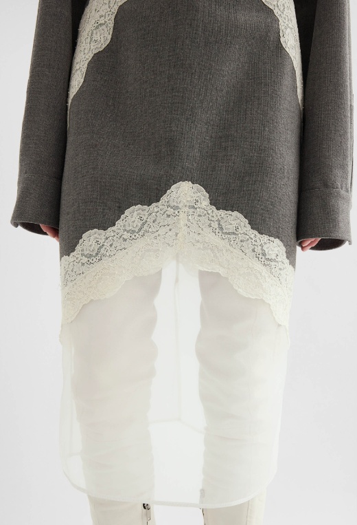 Jil Sander Asymmetric Lace Wool Skirt With Sheer Overlay In Gray