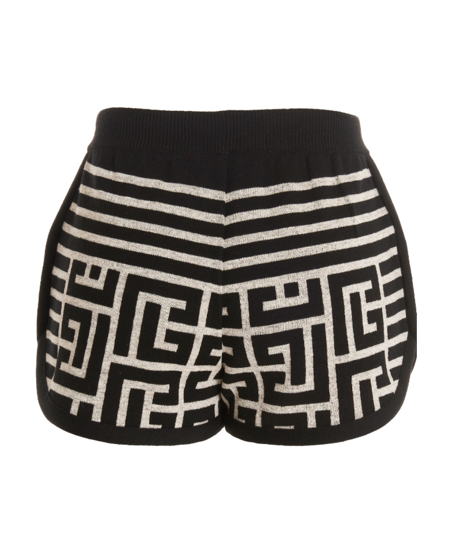 Balmain Monogram-jacquard Wool Shorts In Black
