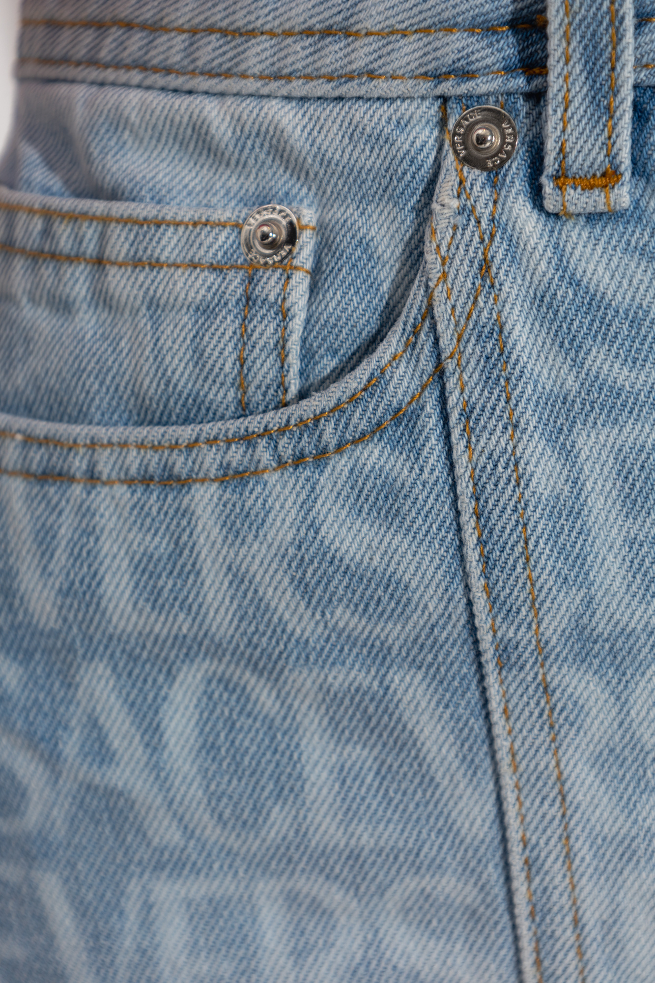 Versace Allover Logo-print Denim Skirt In Blue