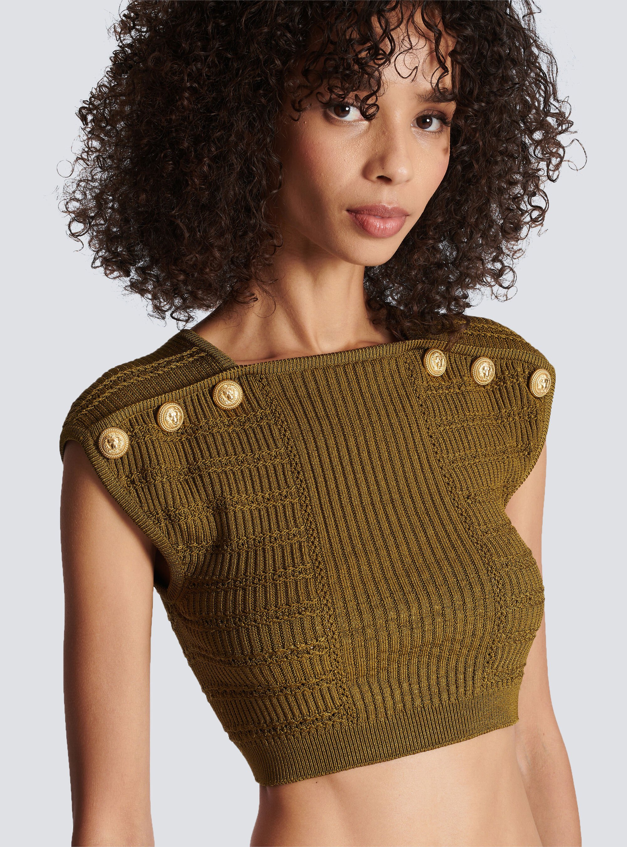 Balmain Knitted Button-detail Cropped Top In Green