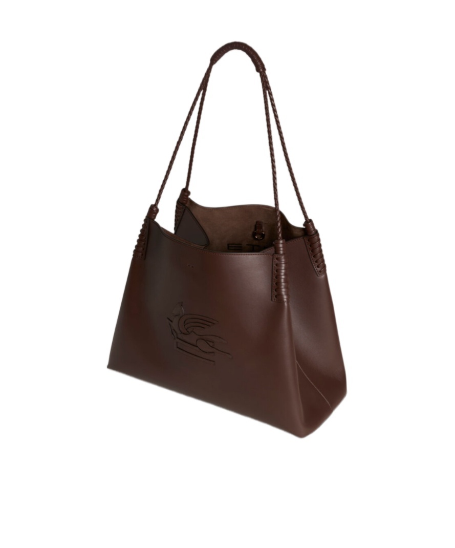 Etro Brown Leather Bag With Embroidered Logo In Multicolor