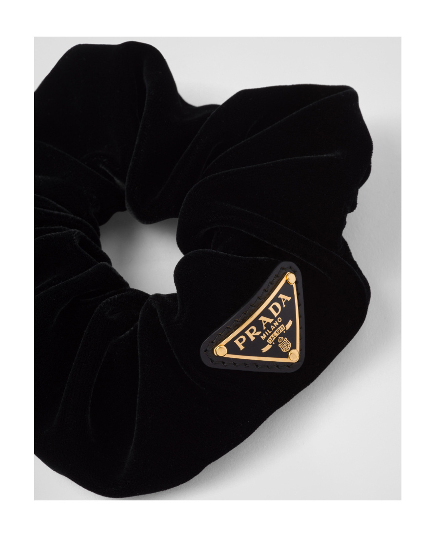 Prada Gathered Black Scrunchie With Triangular Logo Patch In Black
