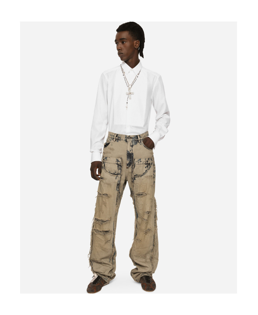 Dolce & Gabbana Cotton Poplin Gold-fit Tuxedo Shirt In White