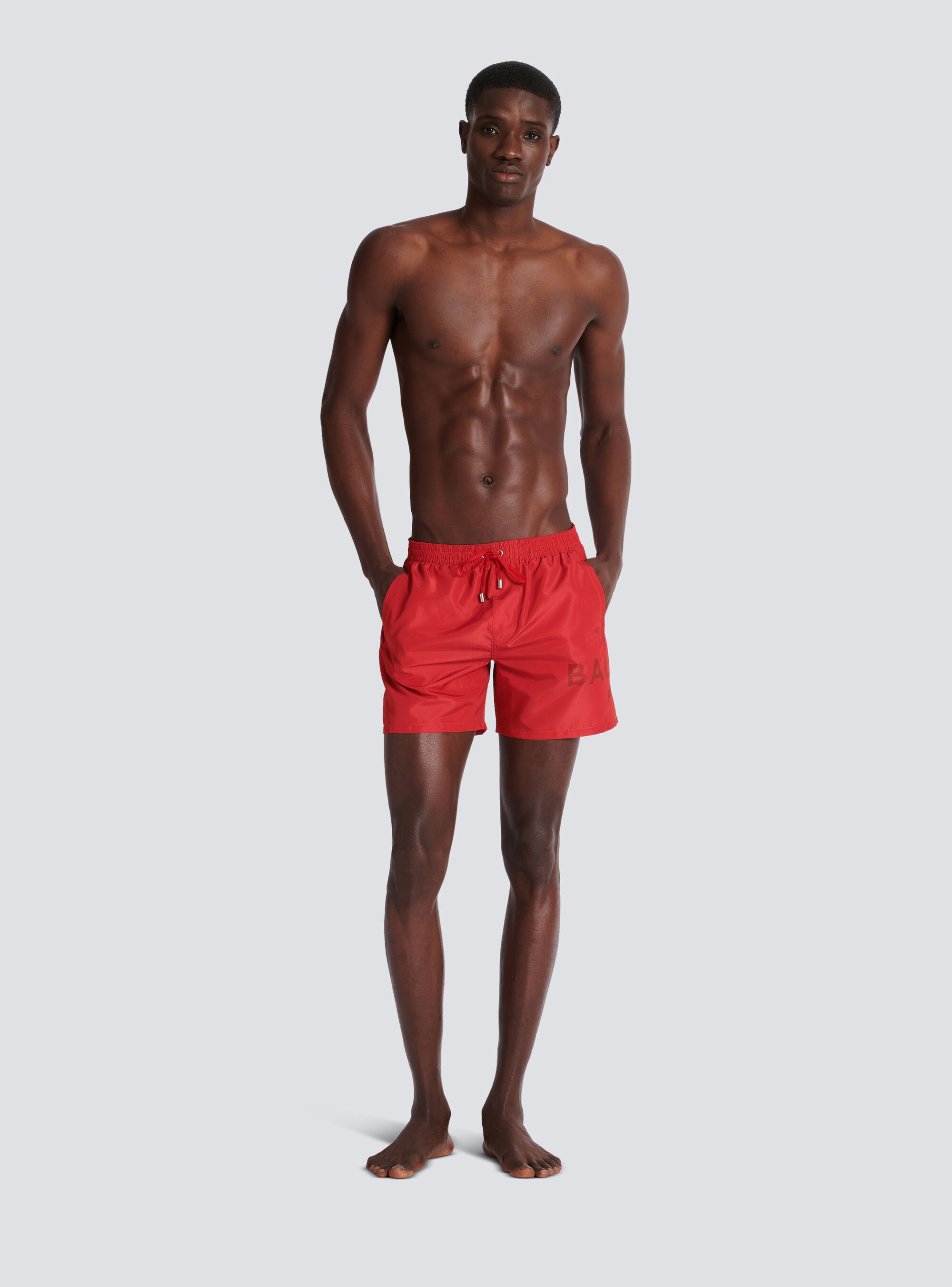 Balmain Logo-print Drawstring Swim Shorts In Red