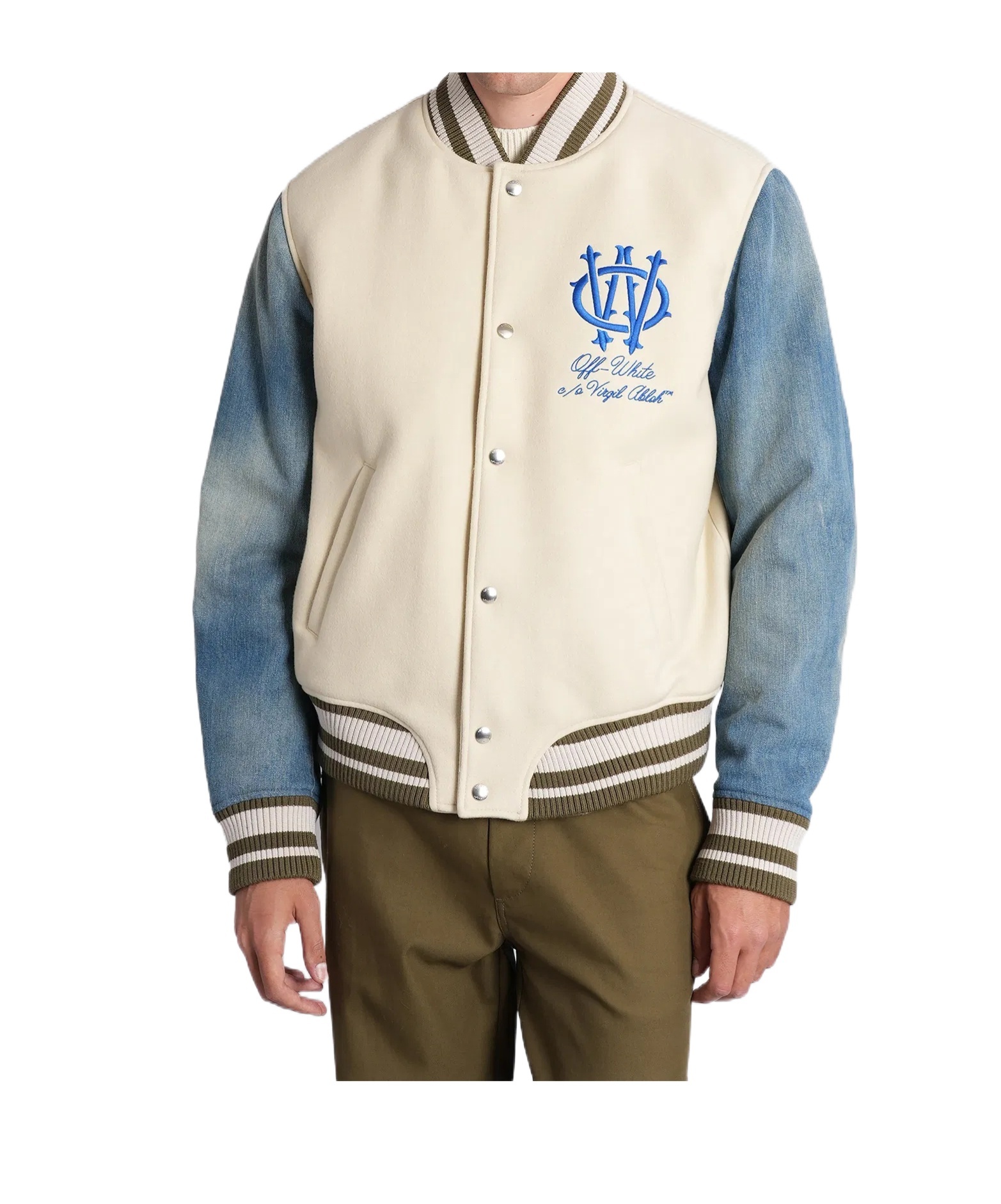 Off-white Ivory Bomber Jacket With Denim Sleeves In Multi