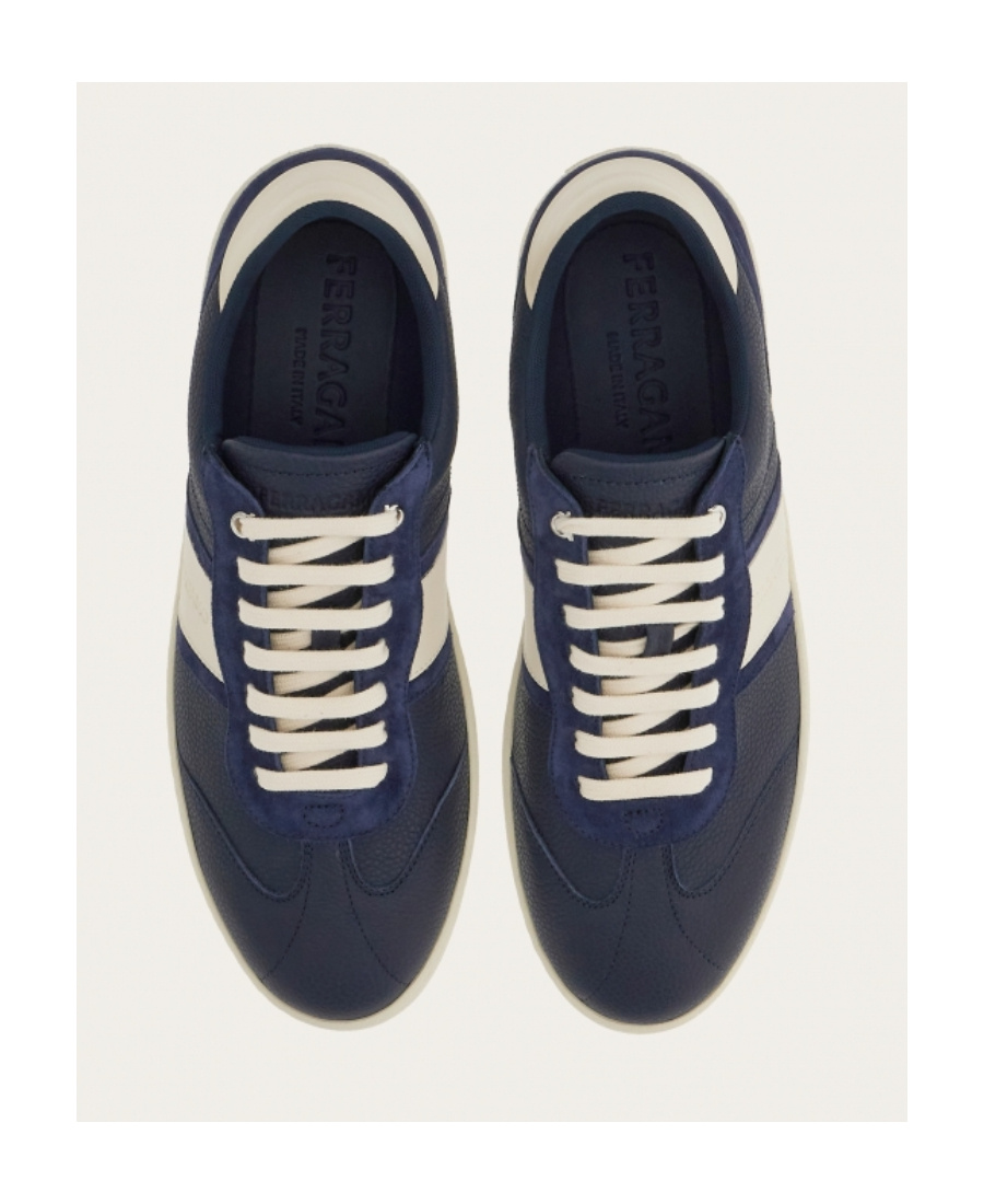 Ferragamo Achille Logo Leather Sneakers In Blue Marine