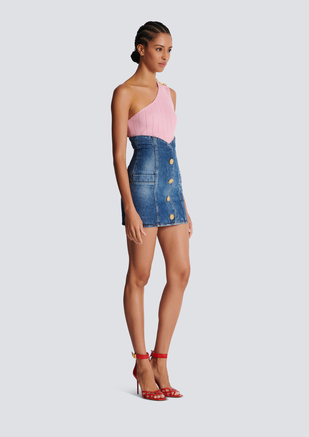 Balmain Cotton Denim Mini Tulip Skirt In Blue