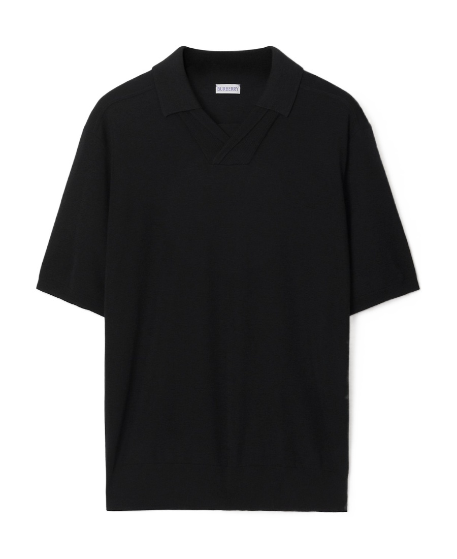 Burberry V-neck Wool Polo Shirt In Black
