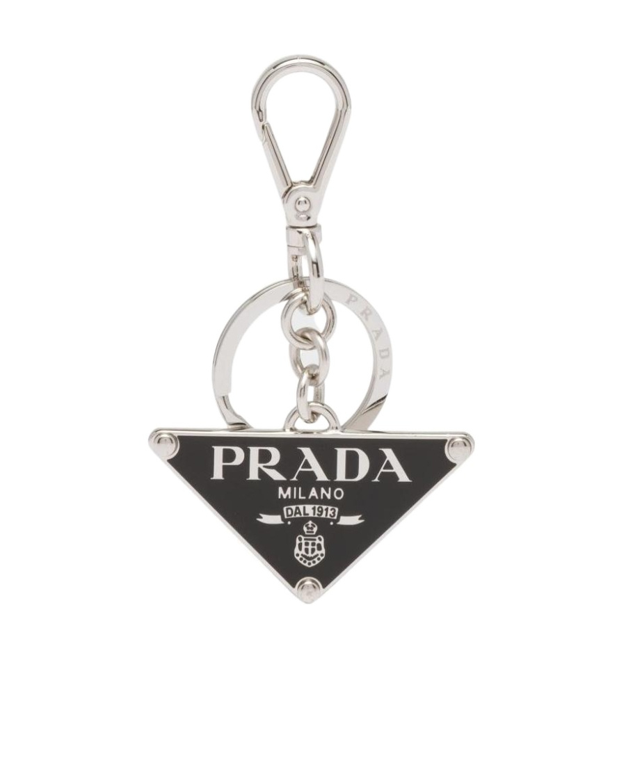 Prada Two-tone Leather And Metal Keychain In Black